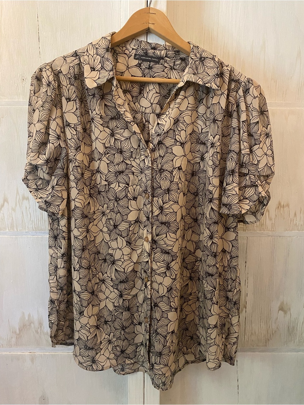 Adrianna Papell Beige Button-Down Floral Blouse 2X Boho Cottagecore Business
